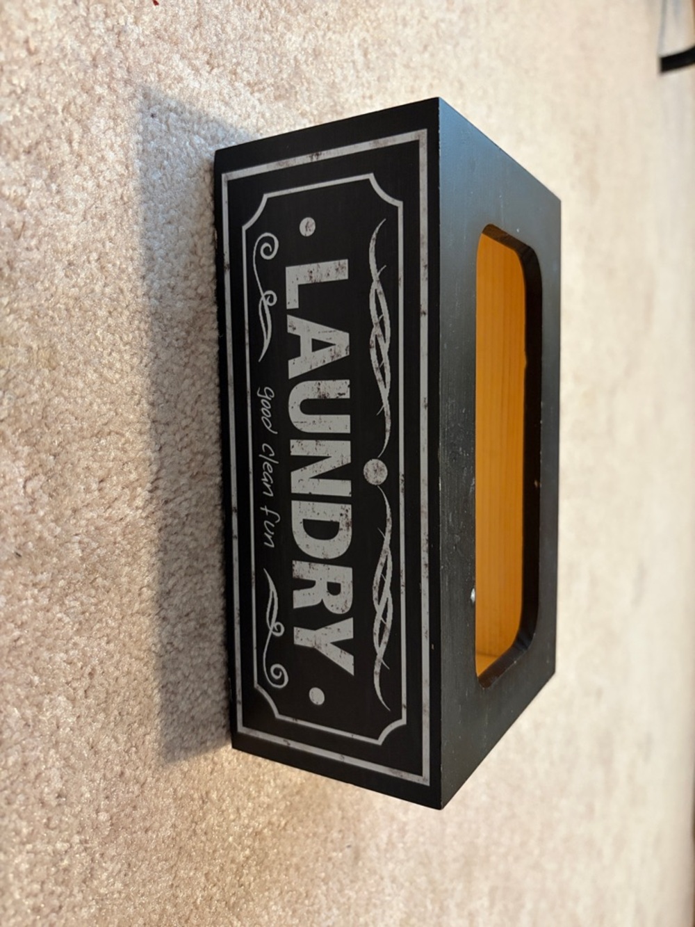 Black Decorative Laundry Wood Holder with Yellow Interior for dryer sheets